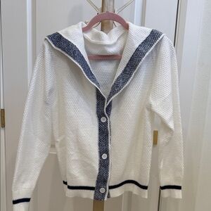 White Knit Cardigan with Navy Trim